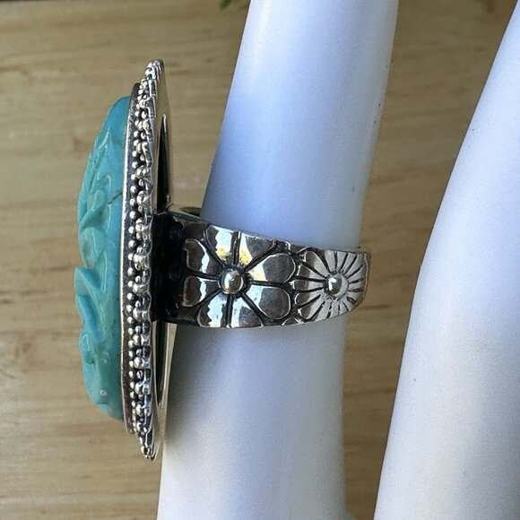 VTG Amy Kahn Russell Sterling Silver Ring Sz 5.75 Floral Carved Turquoise‎ 16.3g - Picture 5 of 8